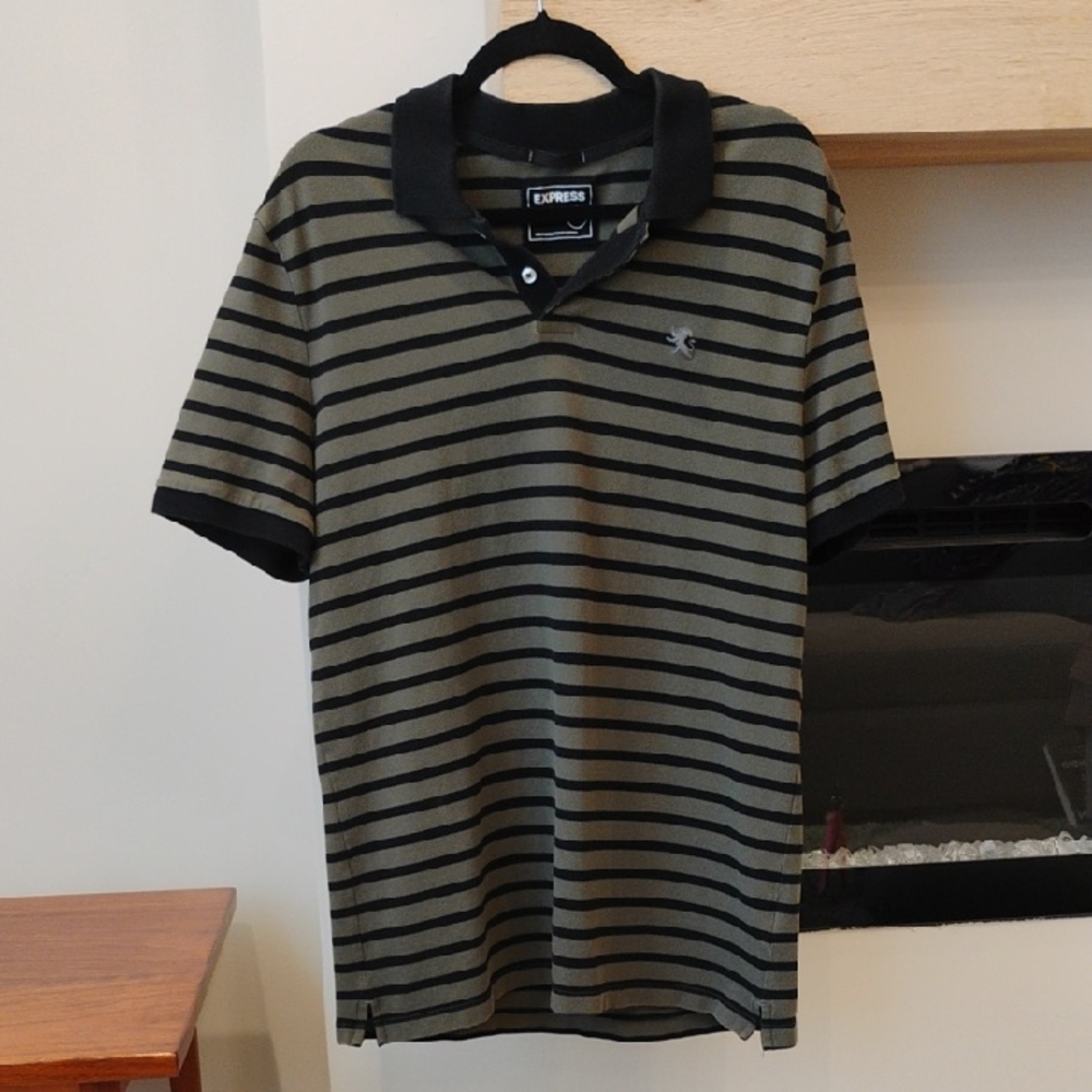 Express Men's Olive and Black Striped Polo Size Tall Large